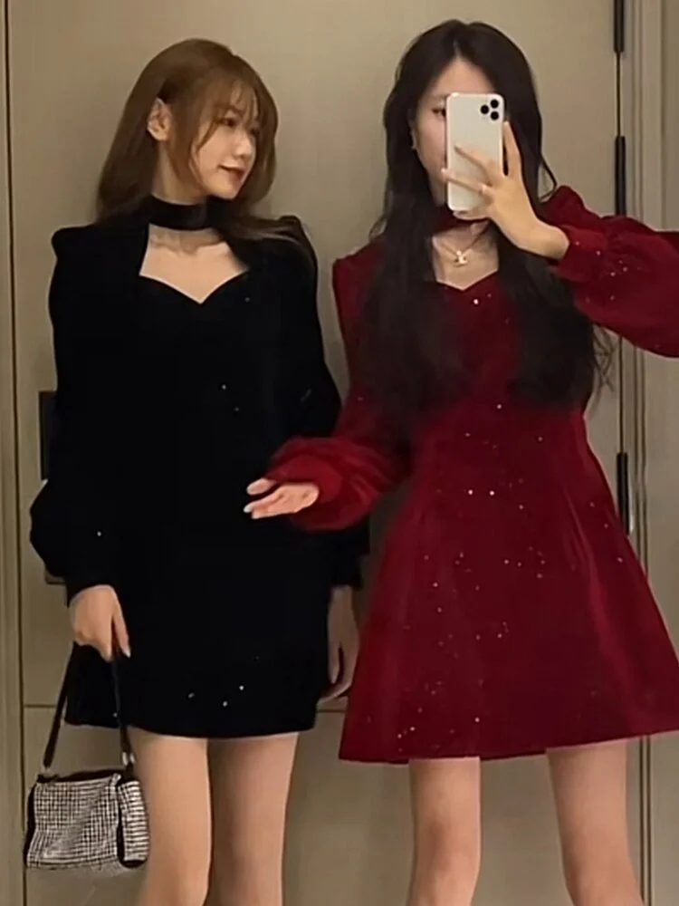 WannaThis Velvet Women Party Dress Bright Hollow Out Folds Shrug Elegant Fashion Sexy Chic Christmas Mini Dress For New Year2022