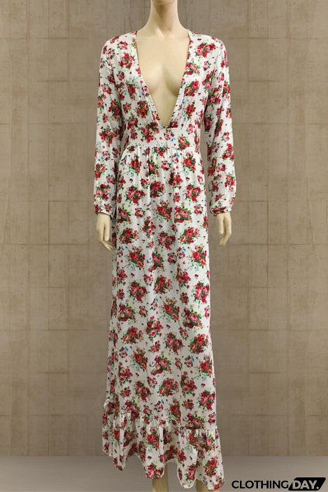 Plunging Long Sleeve Floral Maxi Dress