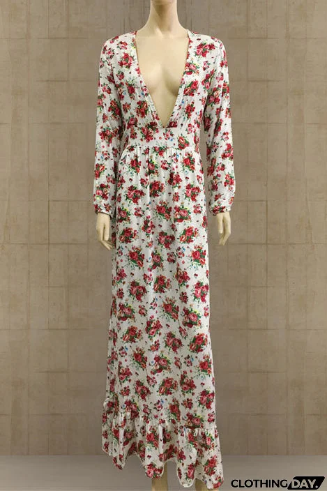 Plunging Long Sleeve Floral Maxi Dress