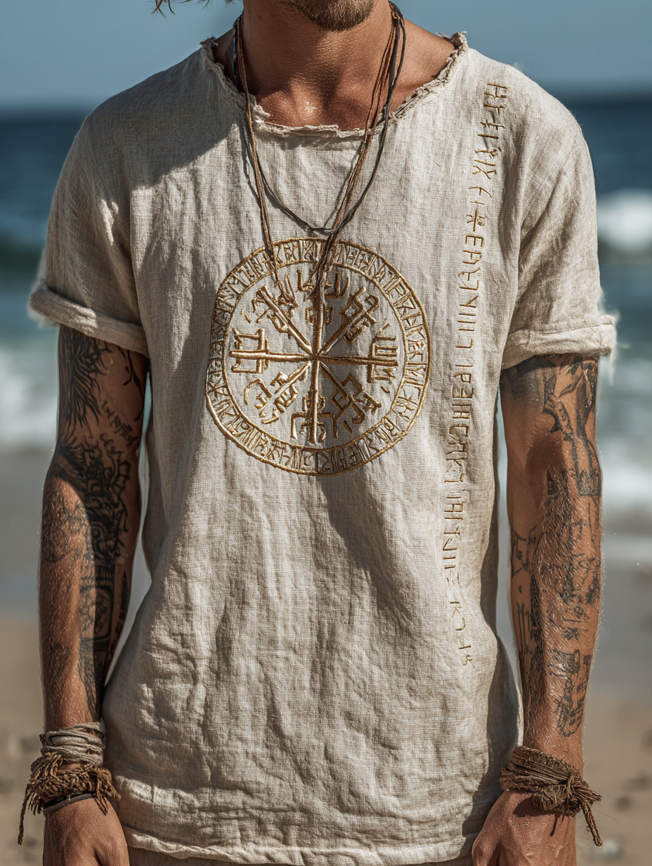 Men's Viking Mythology Runes Design Vintage Linen Shirt / Rvogue / Rvogue