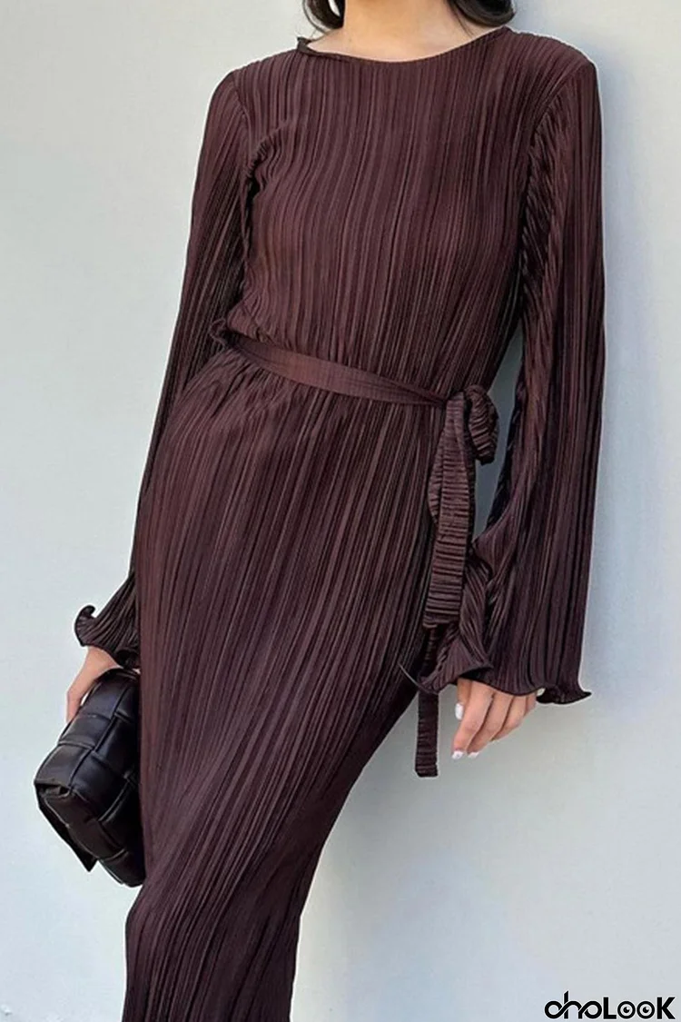 Pleated Long Flares Sleeve Tie-waist Dress