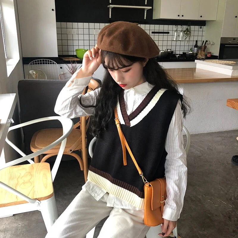 Sweater Vest Women Patchwork V-neck Loose Simple Sweet Students Korean Style All-match Ins Harajuku Daily Outwear Casual Jumper