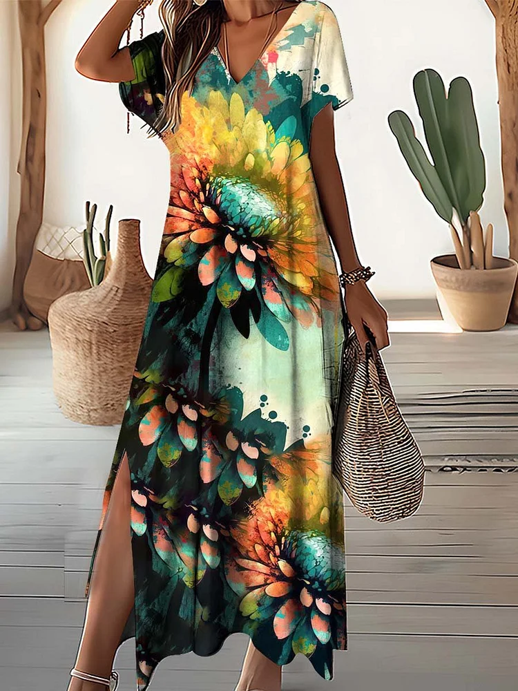 Women's Sunflower Pattern V-Neck Resort Dress