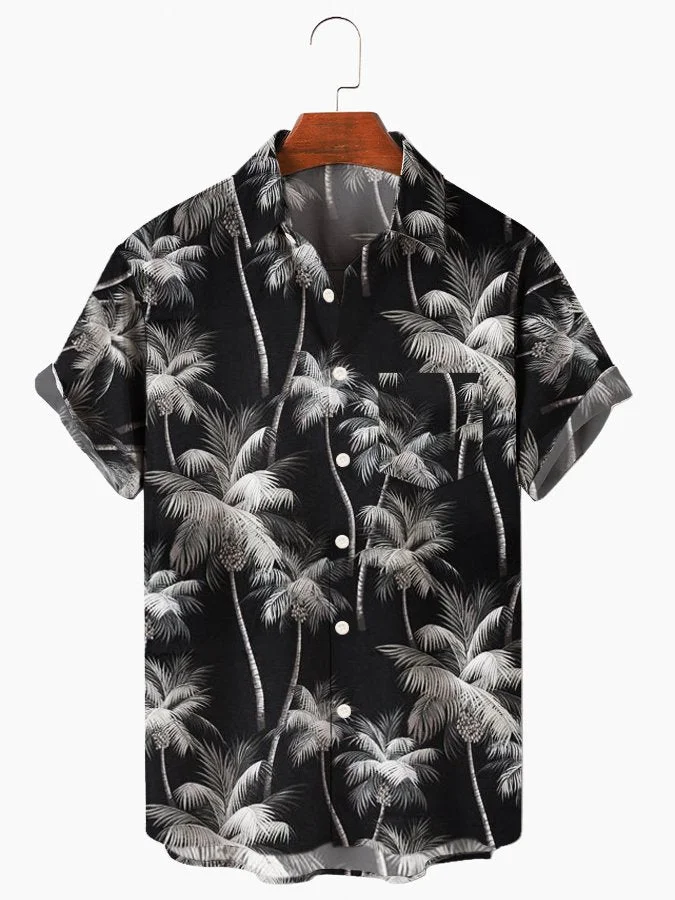 Black Cotton-Blend Natural Landscape Printed Holiday Mens Hawaiian Shirt Casual  Beach Shirts