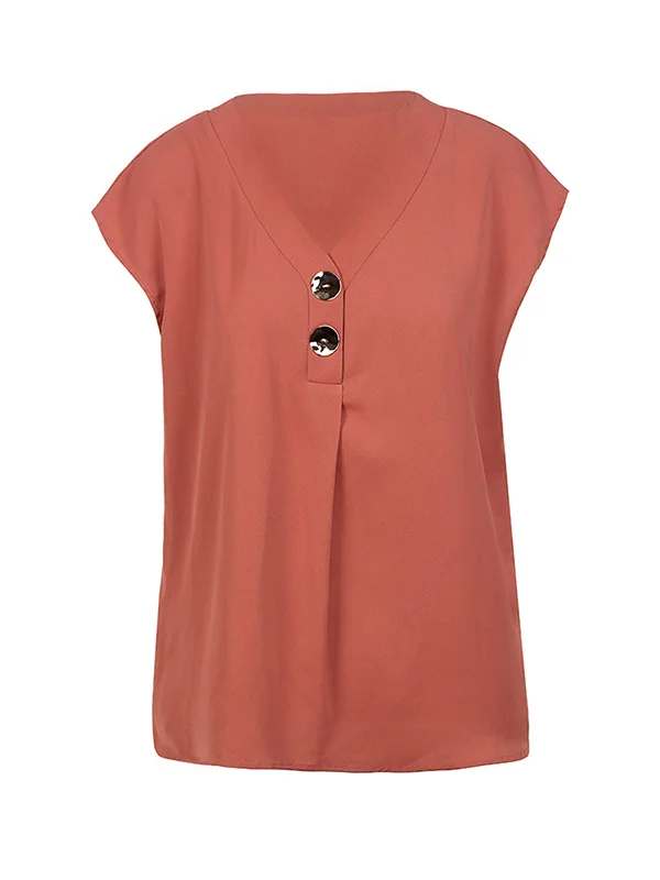 Cap Sleeve Loose Buttoned Solid Color V-Neck Blouses&Shirts Tops