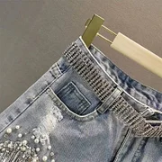 Elegant High-Waist Denim Shorts for Women - Summer 2025 Zara Look with Embellished Fringe Design