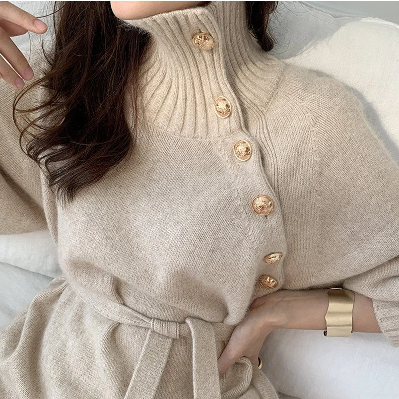 French Minority Autumn and Winter Clothes Loose and Thin High Neck Sweater Dress