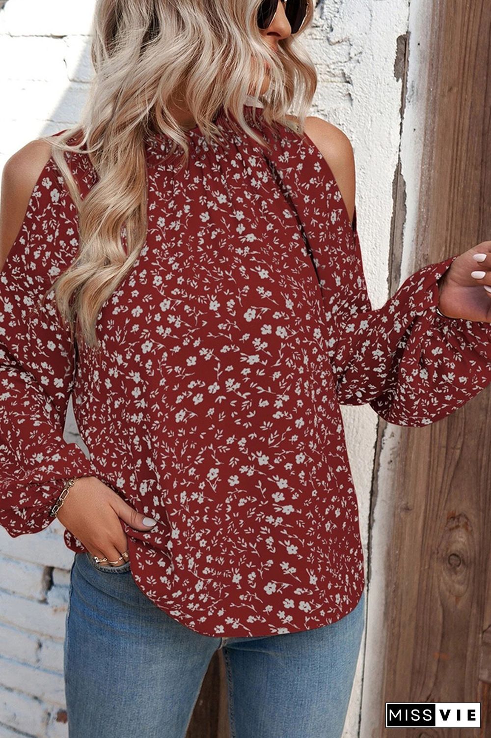 Cold Shoulder Frilled Collar Floral Blouse