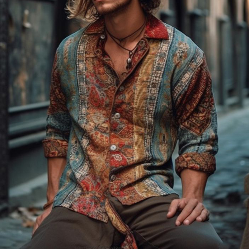 Comstylish Vintage Ethnic Tribal Print Cotton And Linen Lapel Shirt