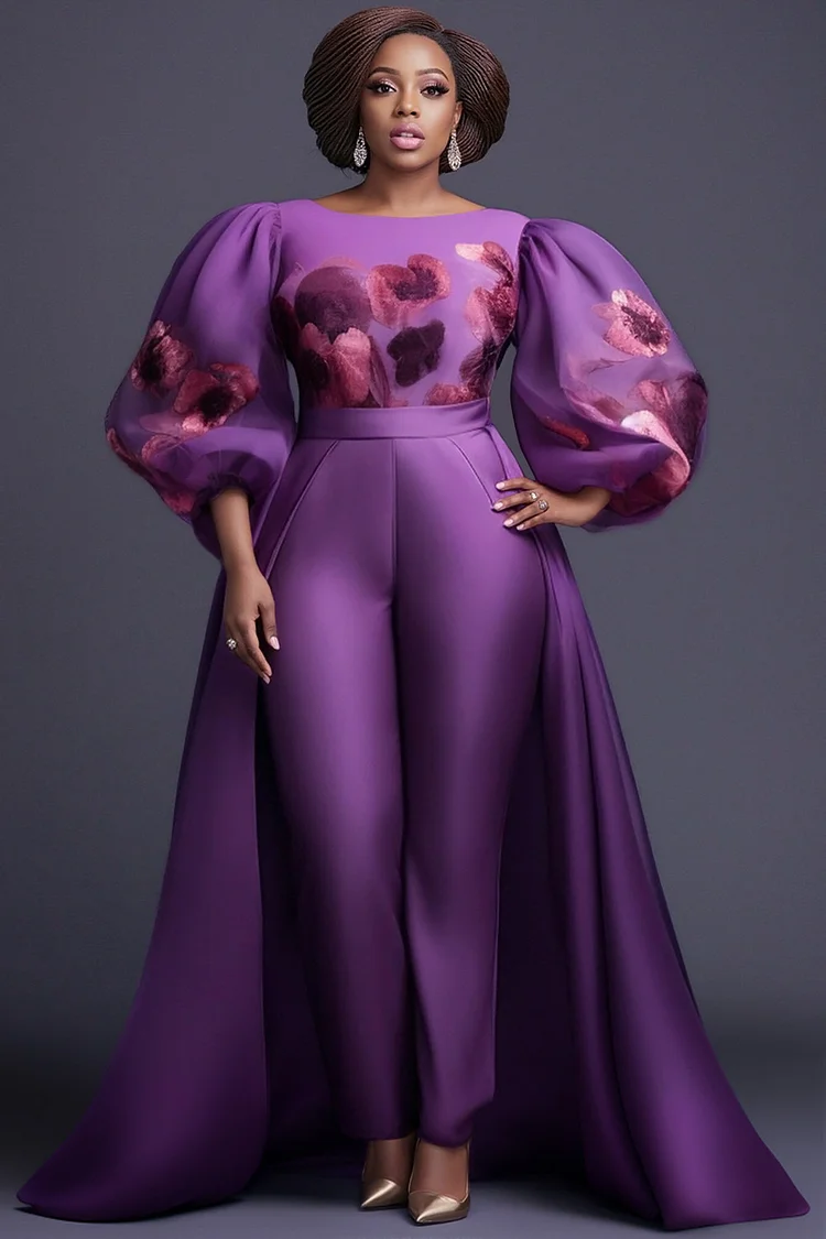 Xpluswear Design Plus Size Mother Of The Bride Purple Graphic Round Neck Puff Sleeve 3/4 Sleeve Peplum Elegant Pocket Organza Jumpsuits [Pre-Order] 2024 - Xpluswear