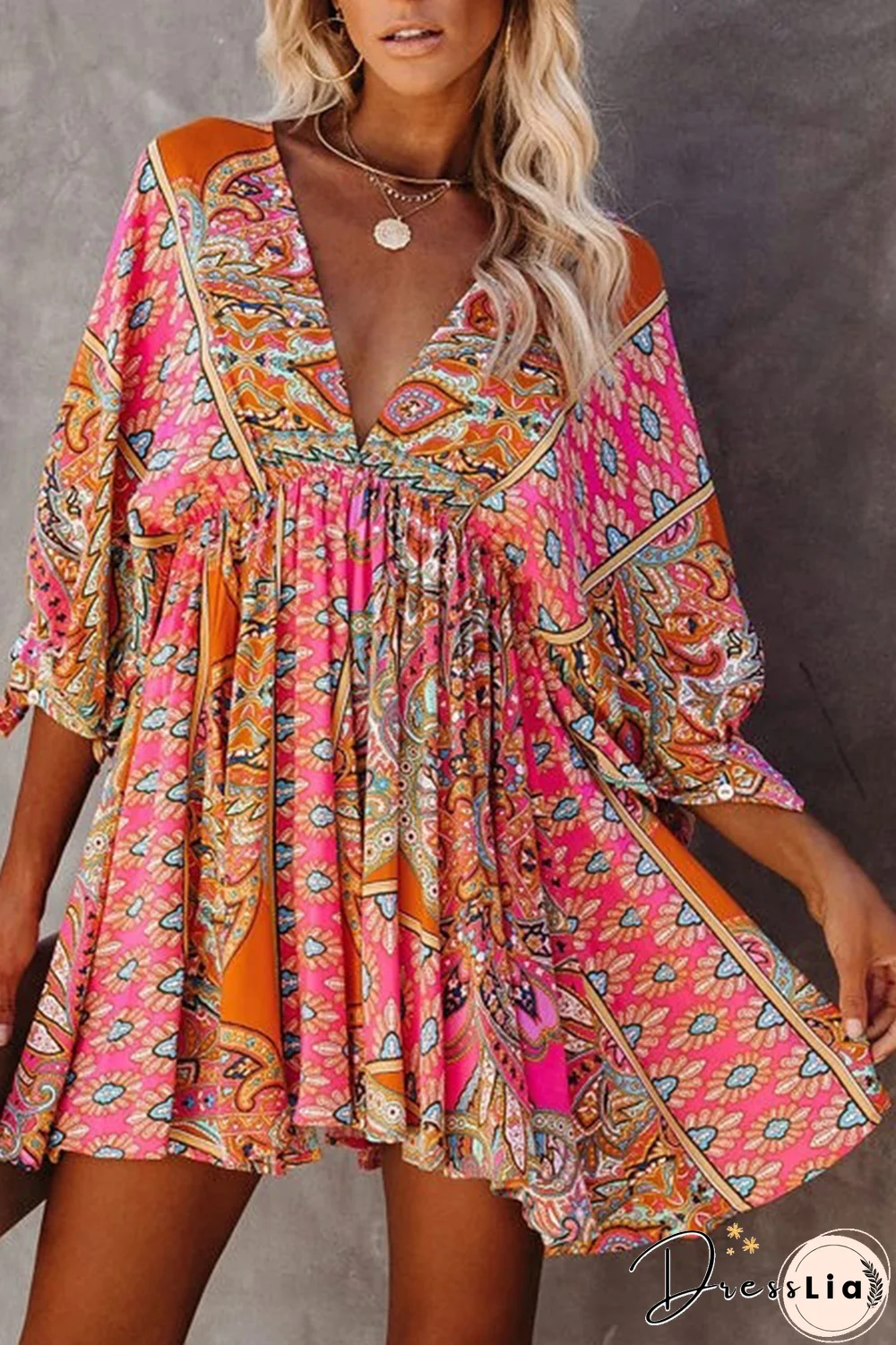 Fashion Elegant Print Frenulum Backless V Neck Dresses