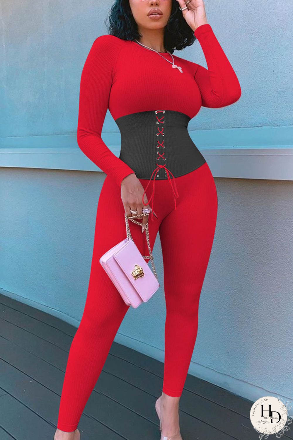 Red Street Patchwork Bandage Split Joint O Neck Skinny Jumpsuits