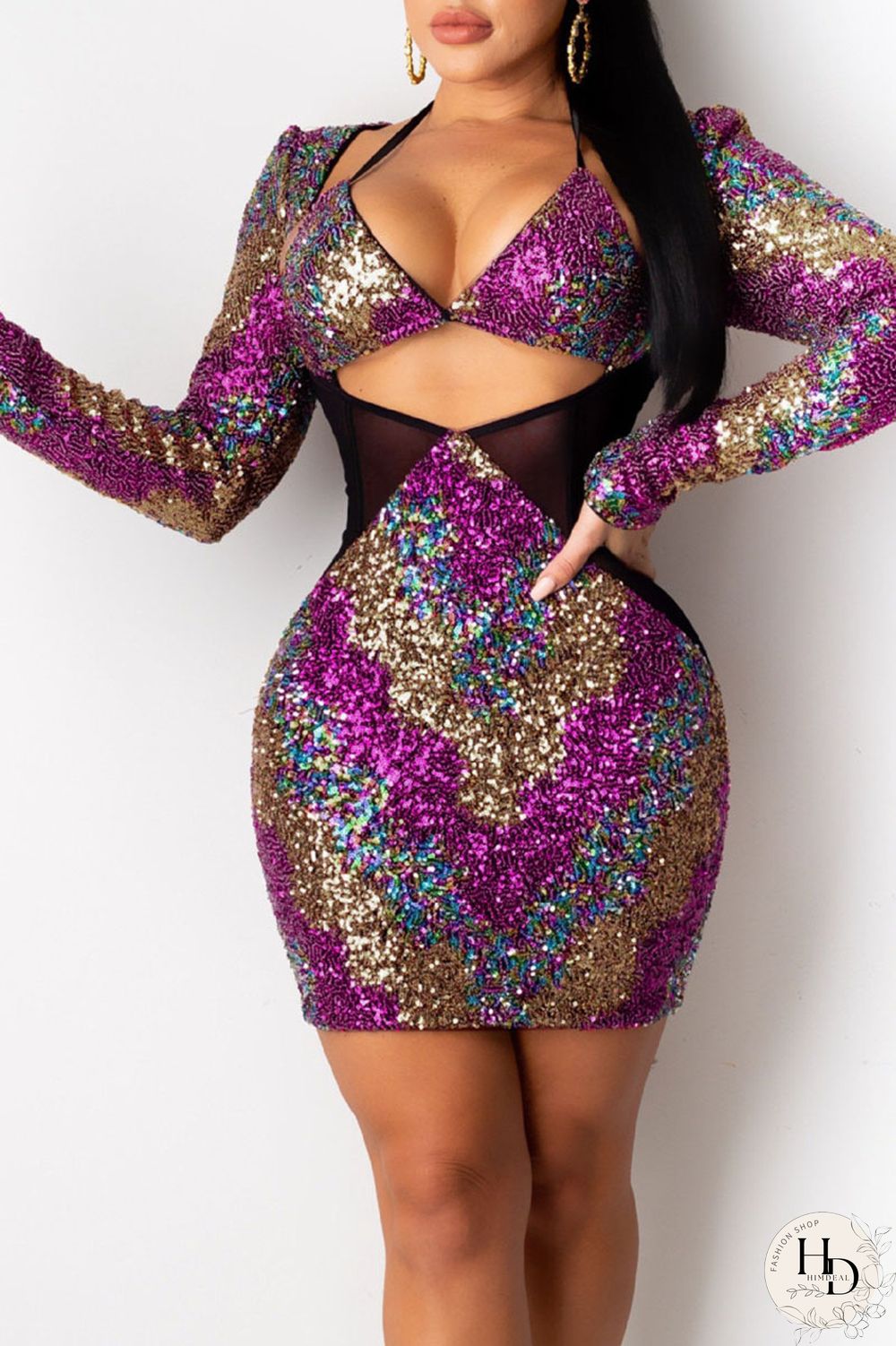 Gold Sexy Hollowed Out Sequins Split Joint Halter One Step Skirt Dresses