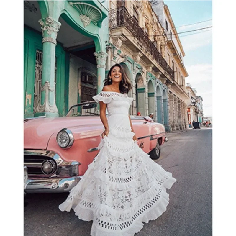 Women's Elegant Lace High Waist Slim Fits Off-Shoulder Wide Hem Ruffled Maxi Dress For Wedding Party