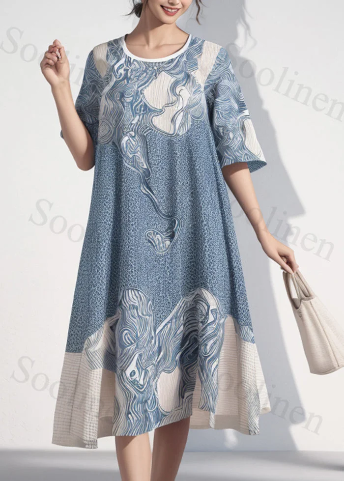 Fitted Blue Oversized Print Cotton Maxi Dresses Summer