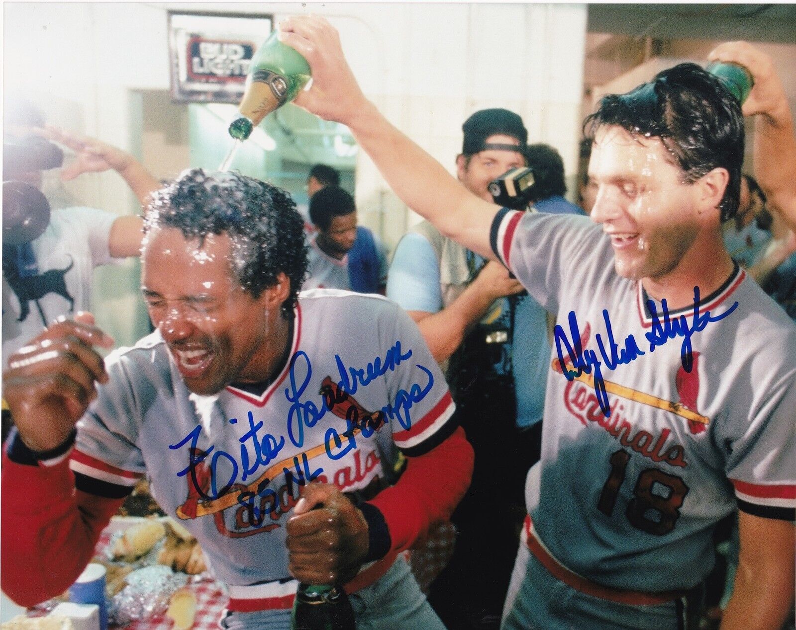 ANDY VAN SLYKE / TITO LANDRUM ST. LOUIS CARDINALS 85 NL CHAMPS SIGNED 8x10