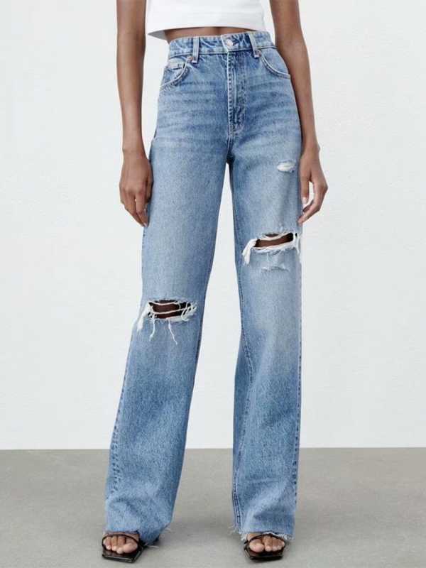New high waist versatile ripped blue wide leg jeans