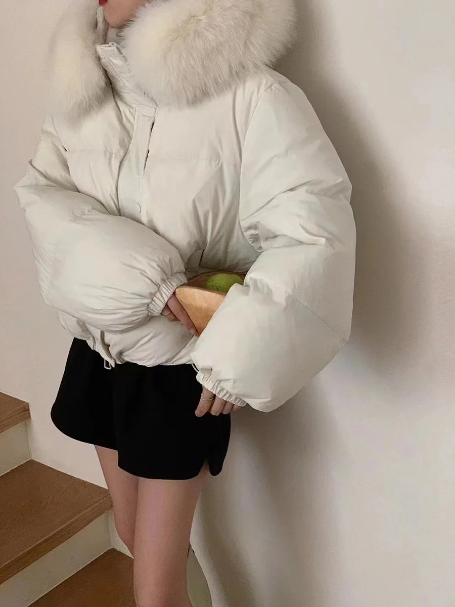 Woherb Korean Version Sweet Down Jacket Female Short Money 2024 Winter New Style Add Thick Small Fox Fur Collar White Duck Down Coat Tide-Outfit Ideas