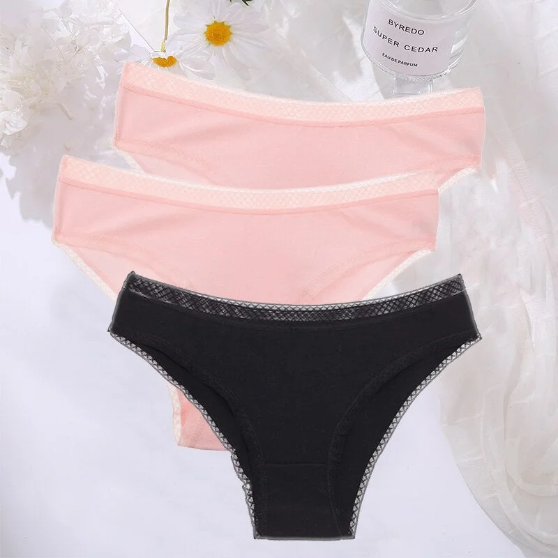 FINETOO 3PCS/Set Cotton Women Mesh Panties Sexy Perspective Lingerie Femme Underwear Girl Underpant Breathable Woman Panty Tanga
