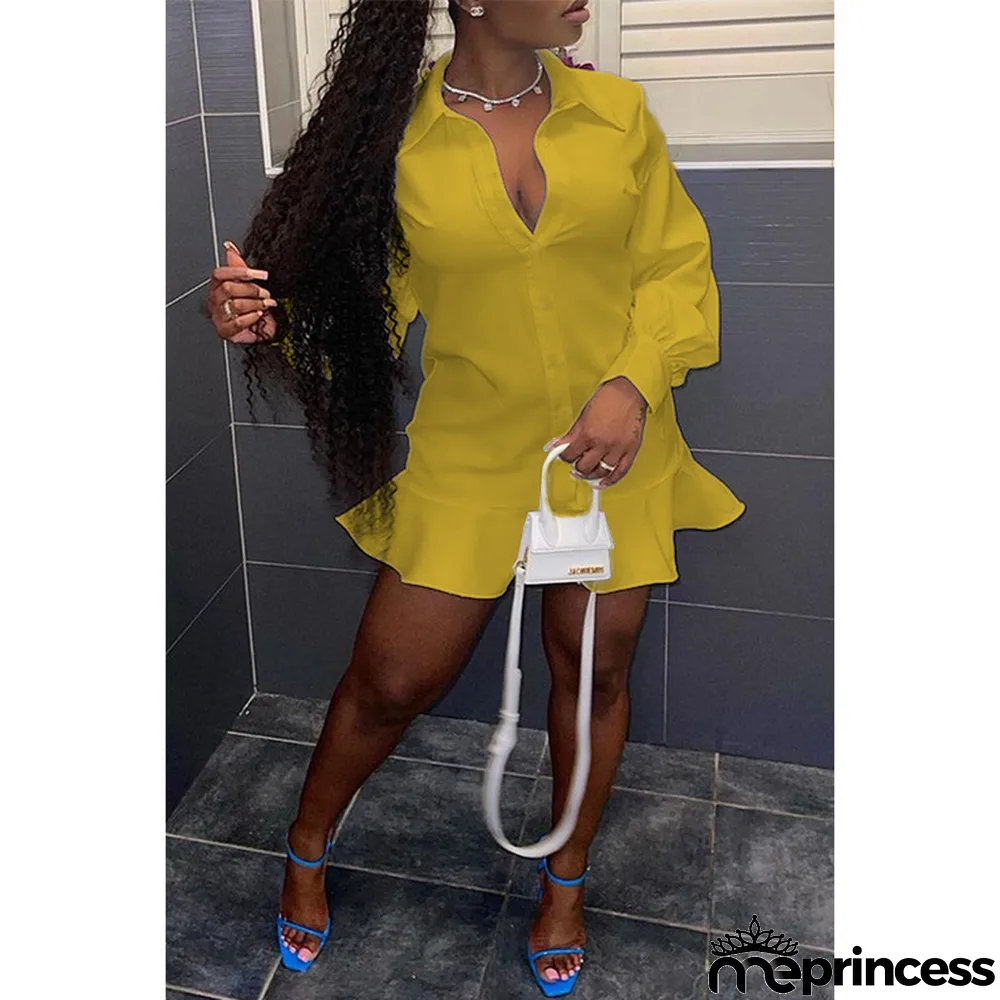 Women Fall Button Solid Long Sleeve Shirt Dress