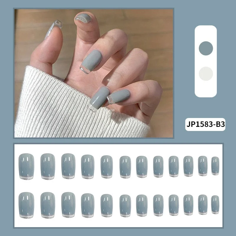 24pcs coffin Fake Nails with design Light Blue and Gray  Nail patch full  Finished Nails tips With Glue girl nail salon diy tool
