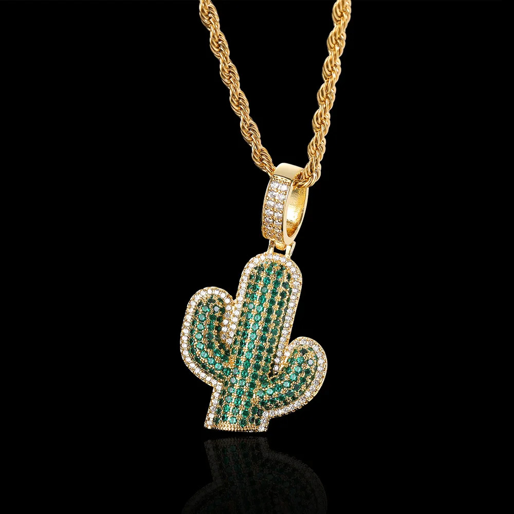 18k Gold Plated Crystal Iced Out Hip Hop Gold/White Gold Cactus Pendants