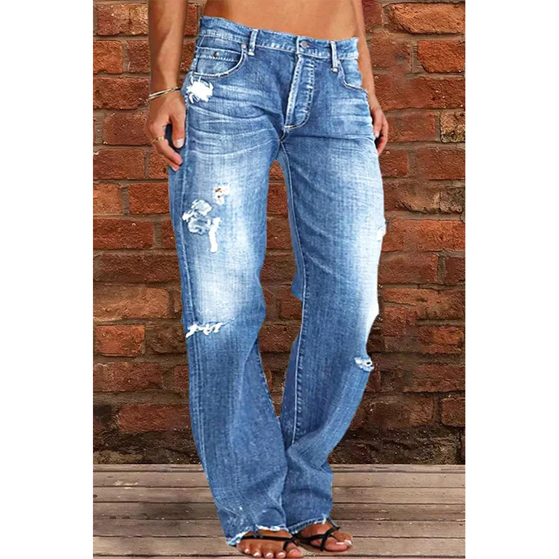Plus Size Ripped Leisure Straight Plus Size Jeans