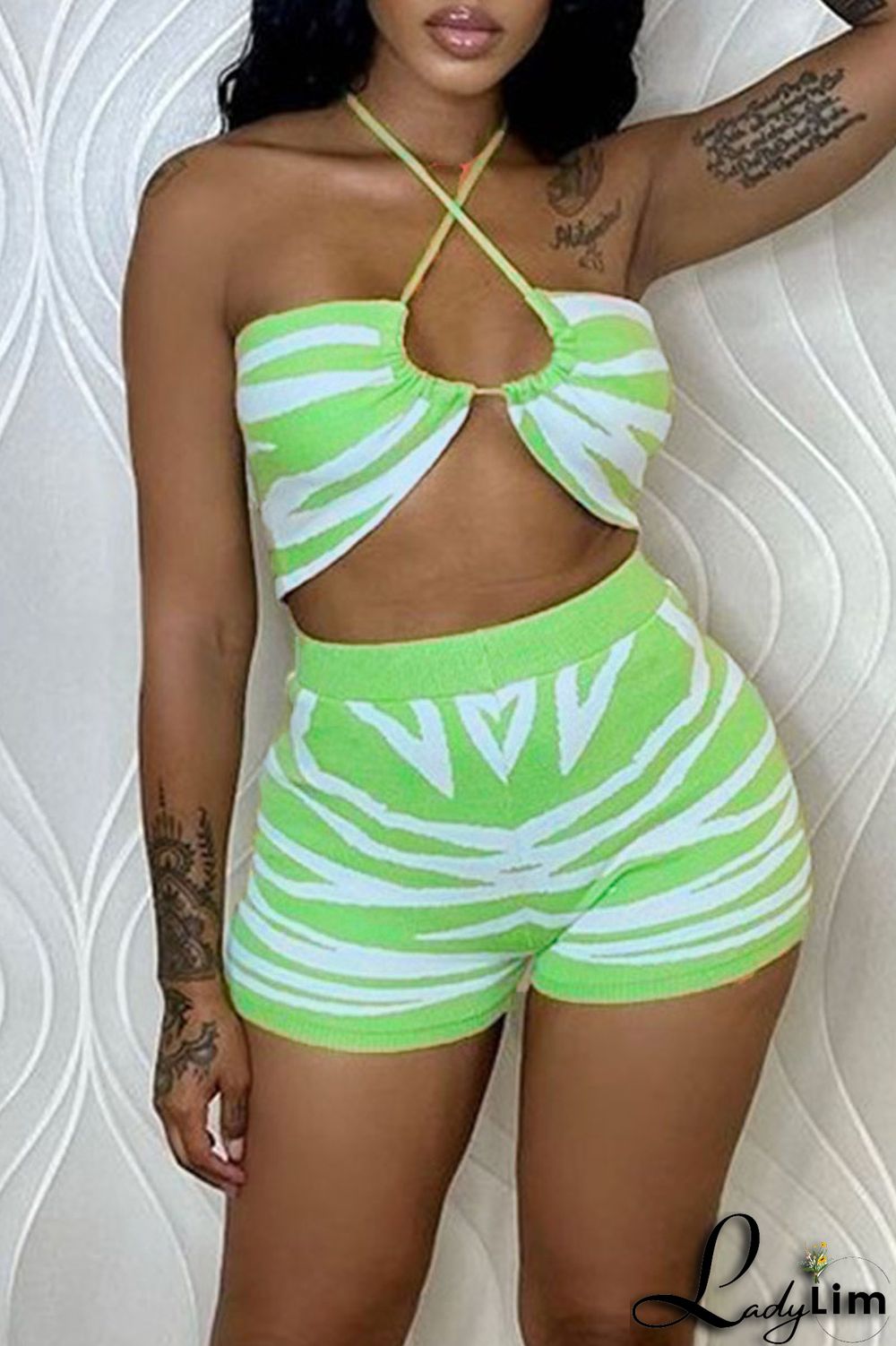 Green Sexy Print Bandage Patchwork Backless Halter Sleeveless Two Pieces