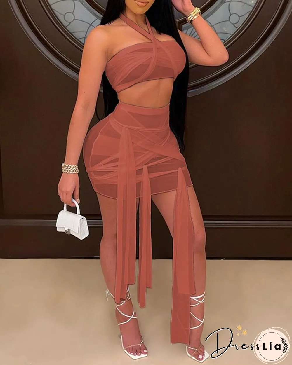 Halter Sheer Mesh Crop Top & Knotted Skirt Set