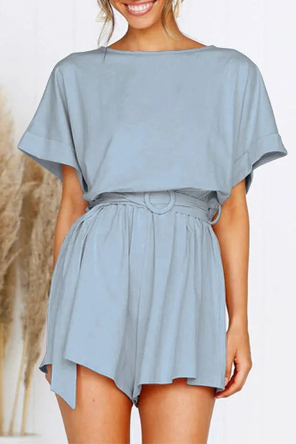 Womens Round Neck Short Sleeve Lace Up Romper-Allyzone-Allyzone