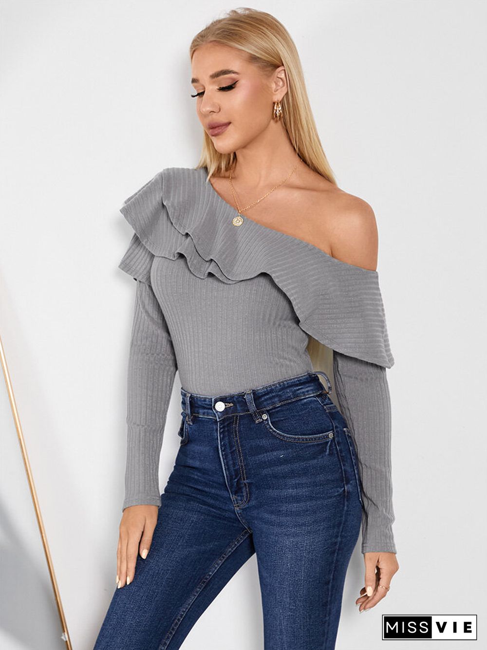 Solid Long Sleeve Off Shoulder Ruffle Knit T-shirt For Women
