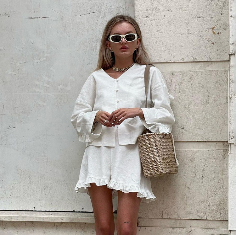Ootddress Ruffled Casual Outfits For Women High Waist Long Sleeve Shorts Two Piece Solid Knee Length Baggy Female Nightwear Outfits