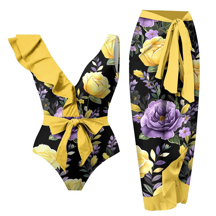 Tie Shoulder Printed One Piece Swimsuit and Skirt