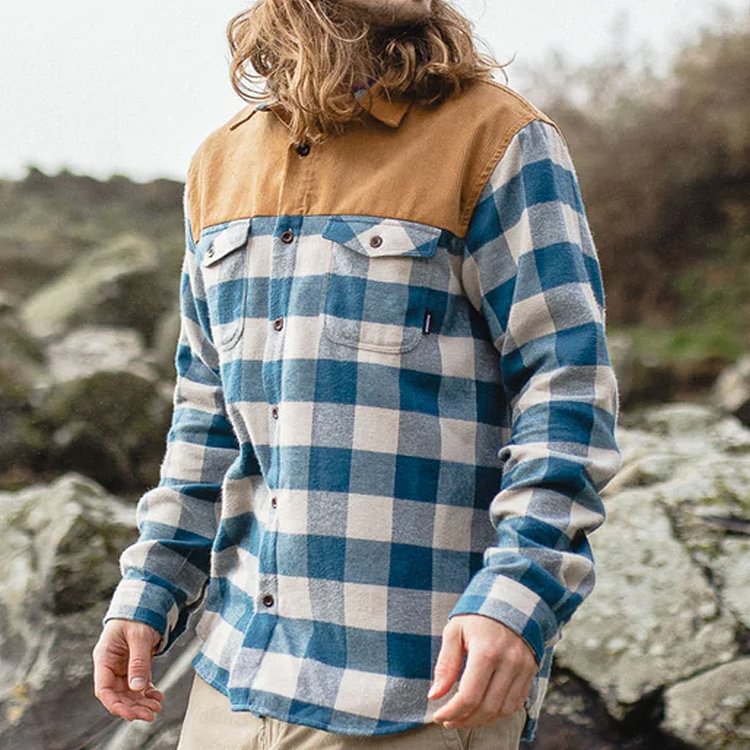 Casual Corduroy-paneled Checked Flannel Shirt