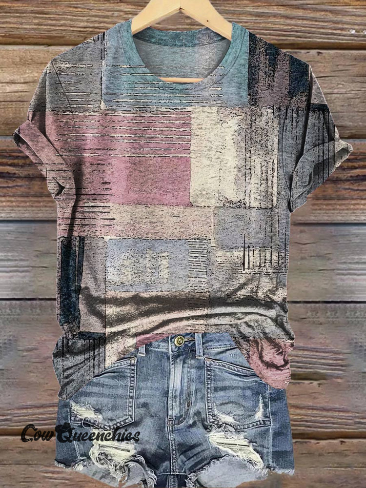 Retro Geometric Art Texture Printed Casual T-Shirt Multicolor / S