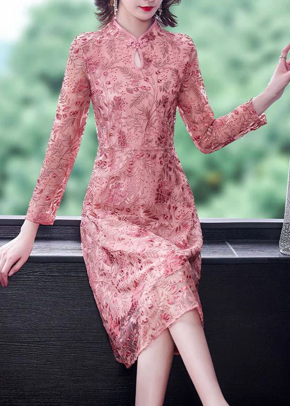 Chinese Style Pink Embroideried Lace Slim Fit Dresses Spring