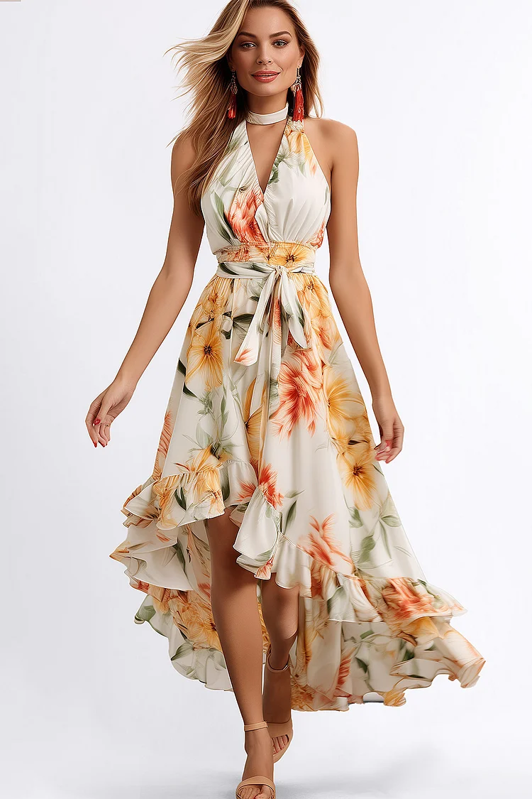 Zaruci Wedding Guest Orange Chiffon V Neck Floral Print Ruffle Maxi Dress [Pre-Order]