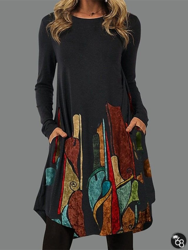 Women's Casual Dress T Shirt Dress Tee Dress Ethnic Dress Mini Dress Black Light Green Pink Long Sleeve Floral Pocket Winter Fall Spring Crew Neck Basic Winter Dress Daily Vacation 2023 S M L XL XXL | 168DEAL