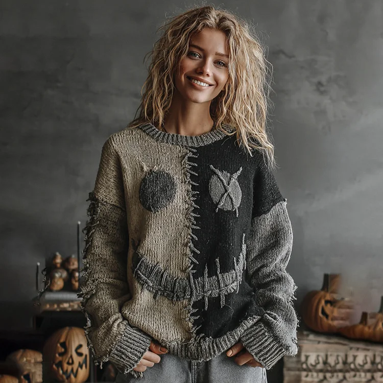 Halloween Pumpkin Face Art Cozy Knit Sweater