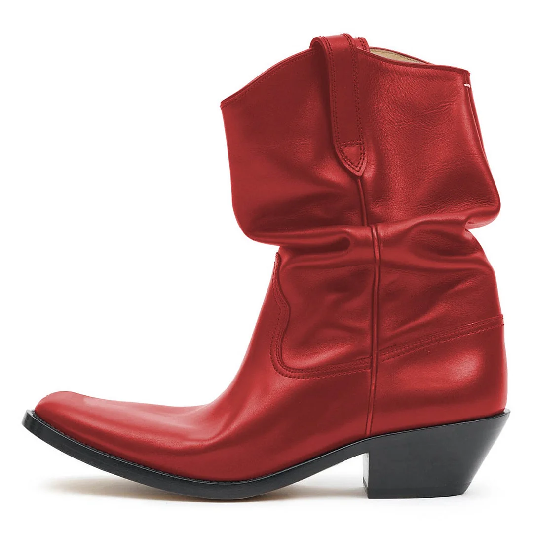 Vegan Leather Almond Toe Side Loops Silhouette Shiny Boots in Red