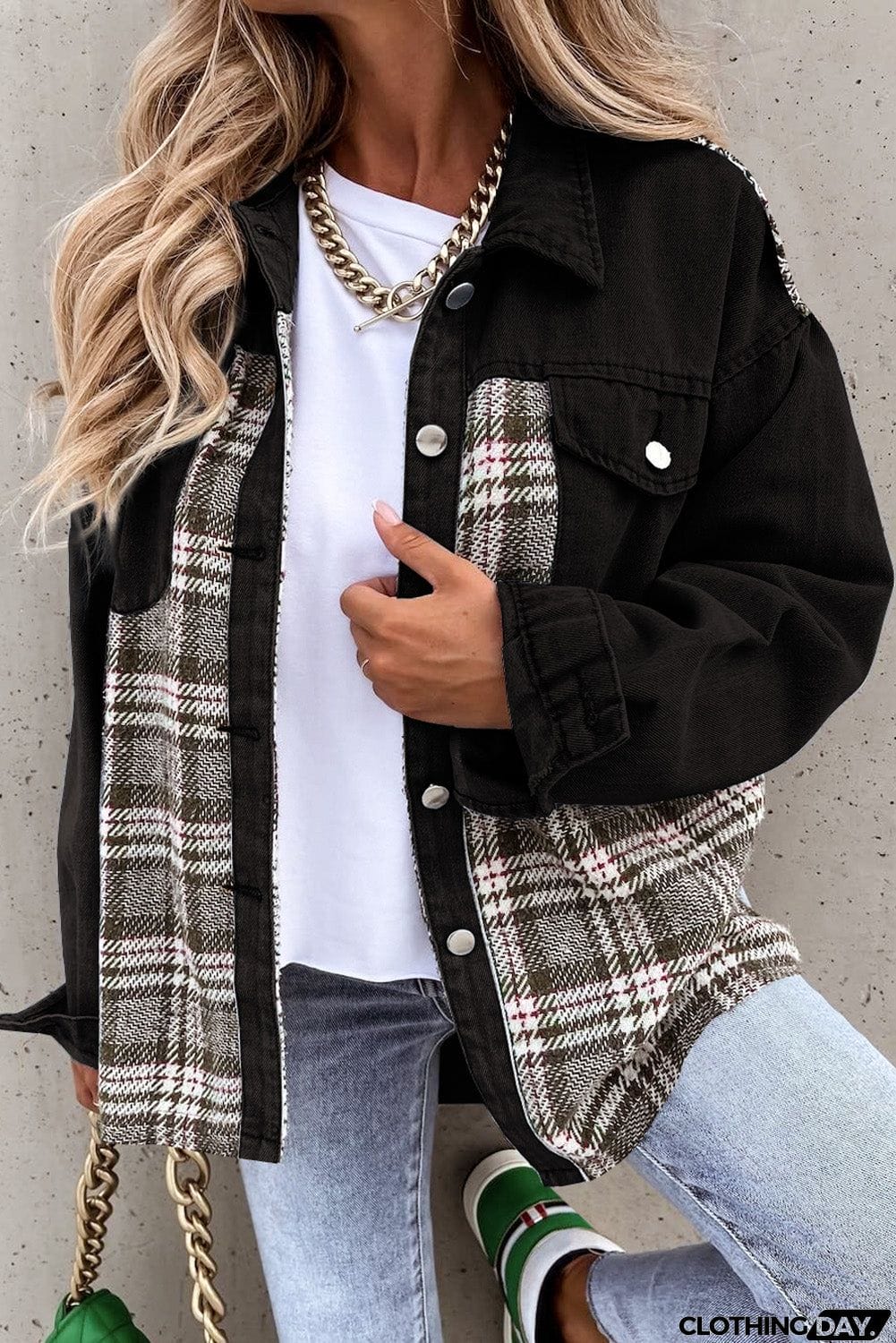 Christmas Pattern Plaid Splicing Denim Jacket