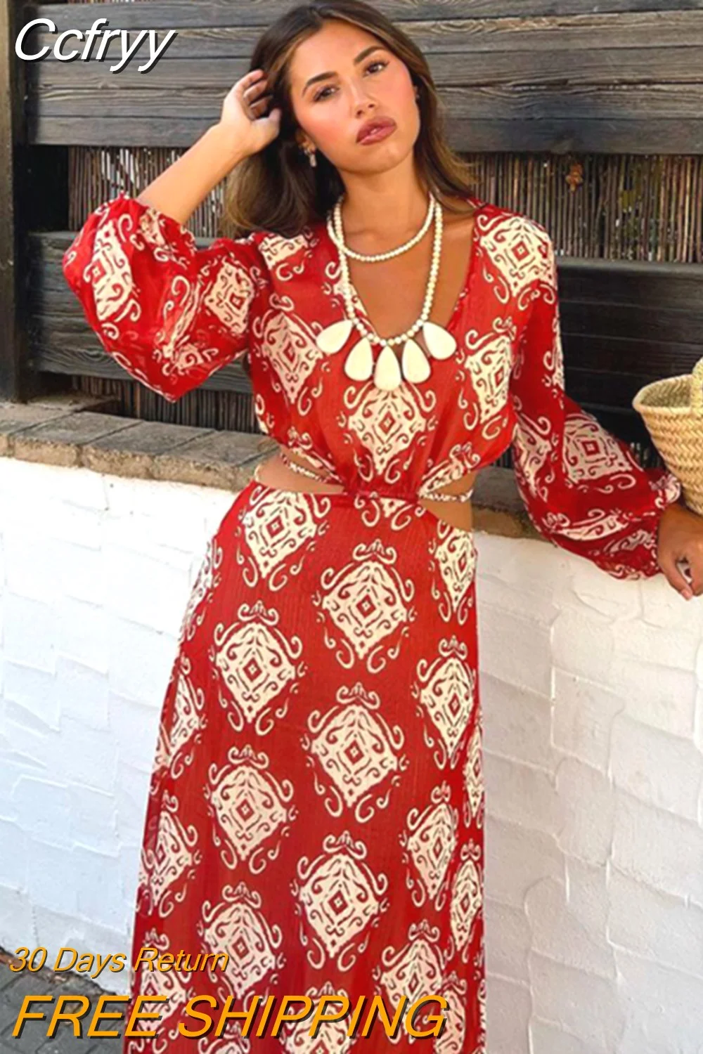 Huibahe Women Vintage Print Off Waist Maxi Dress Slim O Neck Lantern Sleeve Backless Lace Up Robe 2023 Summer Lady Boho Vacation Vestido