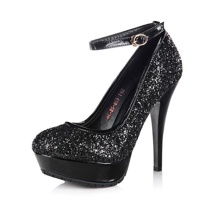 Black Sparkly Heels Platform Pumps Ankle Strap Glitter Shoes |FSJ Shoes