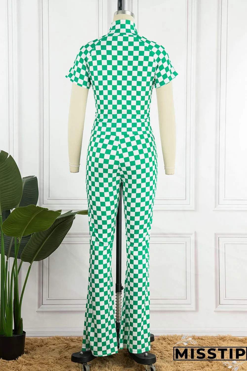 Green Casual Plaid Print Basic Half A Turtleneck Short Sleeve Two Pieces