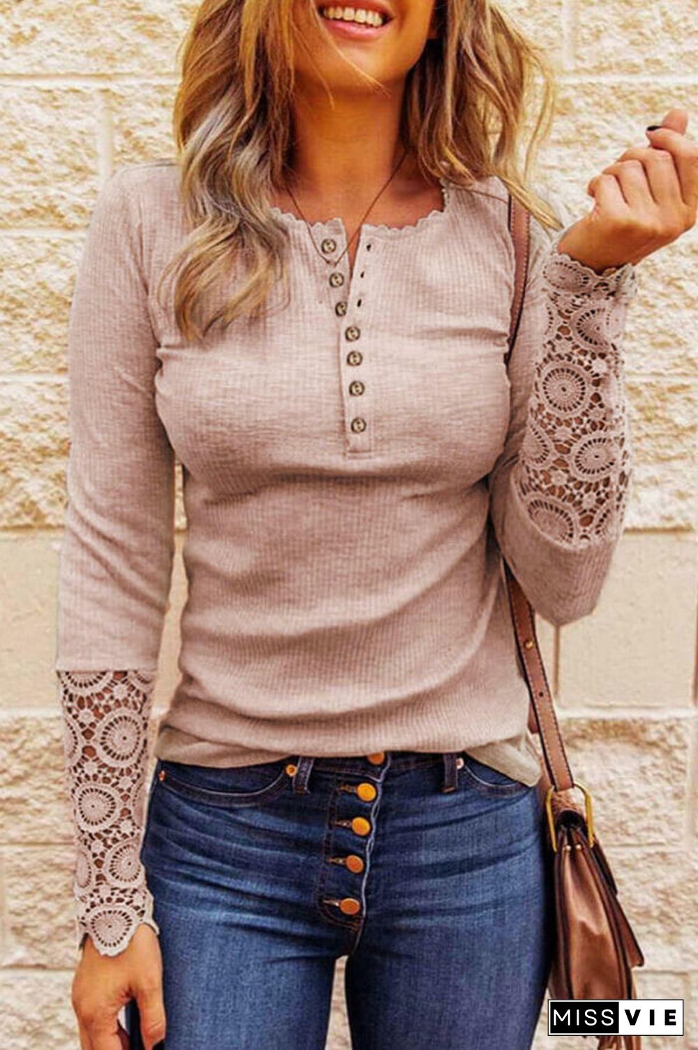 Fashion Lace Splicing Hollow Out Button Blouse