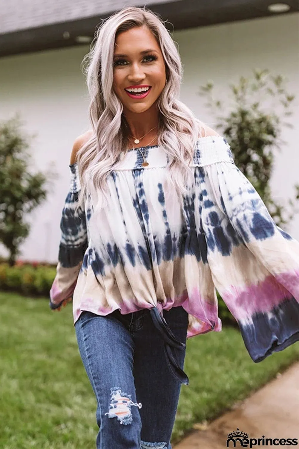 Love Triangle Tie Dye Flare Sleeve Off Shoulder Tie Top