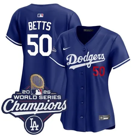 Women's Los Angeles Dodgers #50 Mookie Betts  Royal 2025 World Series Champions Home Limited Jersey