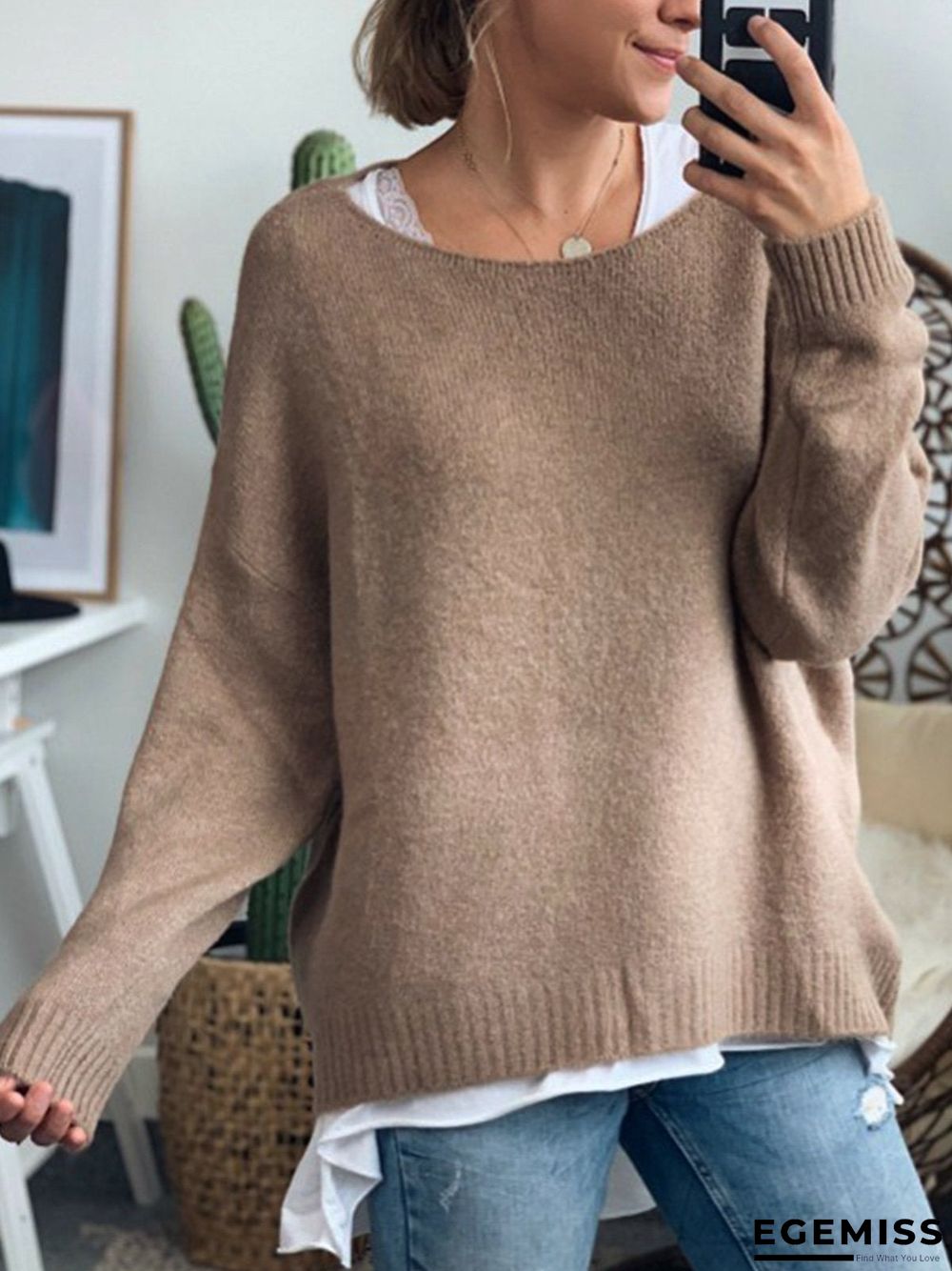 Blue Casual Cotton-Blend Crew Neck Sweater | EGEMISS