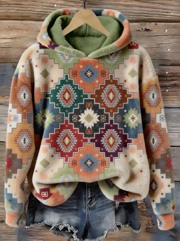 Vintage Western Ethnic Pattern Cozy Plush Hoodie wearshes
