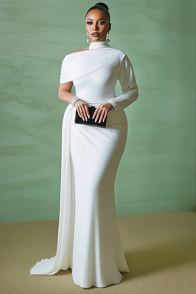 Asymmetric Mock Neck Long Sleeve Sash Party Maxi Dresses-White [Pre Order]